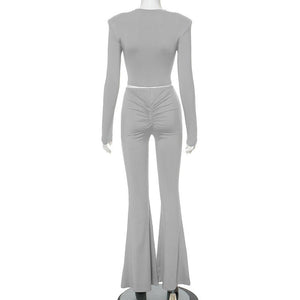 New solid color shoulder pad long sleeve top high waist trousers suit - Negative Apparel