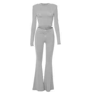 New solid color shoulder pad long sleeve top high waist trousers suit - Negative Apparel