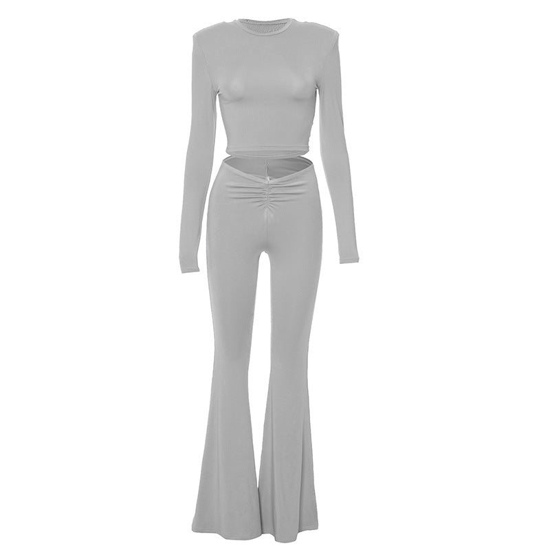 New solid color shoulder pad long sleeve top high waist trousers suit - Negative Apparel