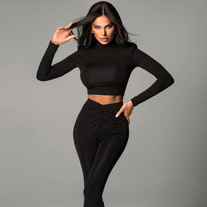 New solid color shoulder pad long sleeve top high waist trousers suit - Negative Apparel