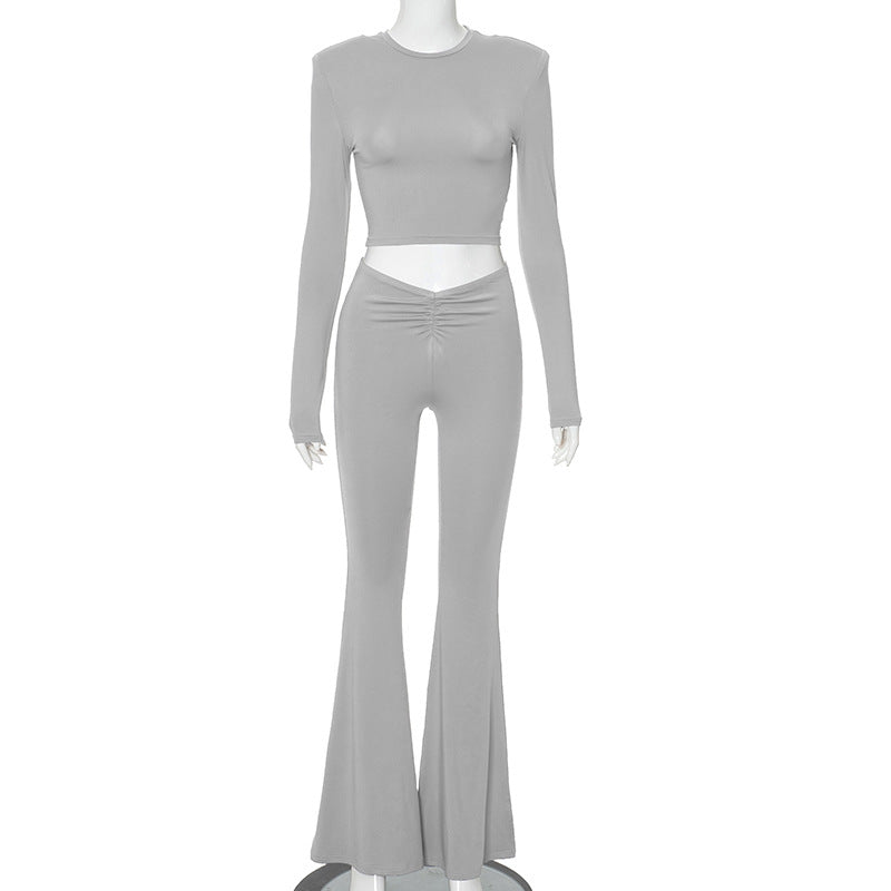 New solid color shoulder pad long sleeve top high waist trousers suit - Negative Apparel