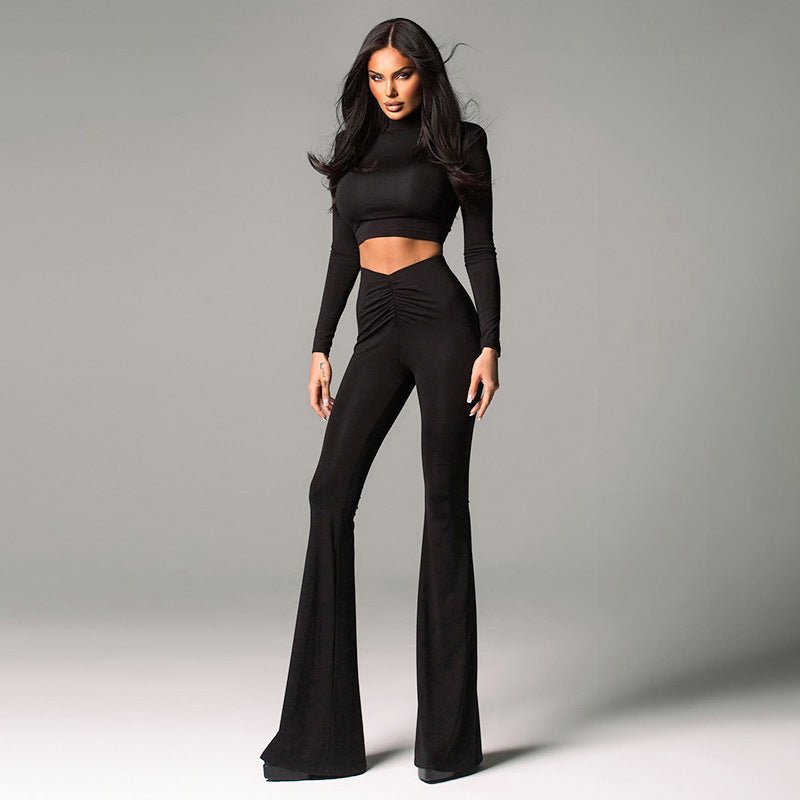 New solid color shoulder pad long sleeve top high waist trousers suit - Negative Apparel