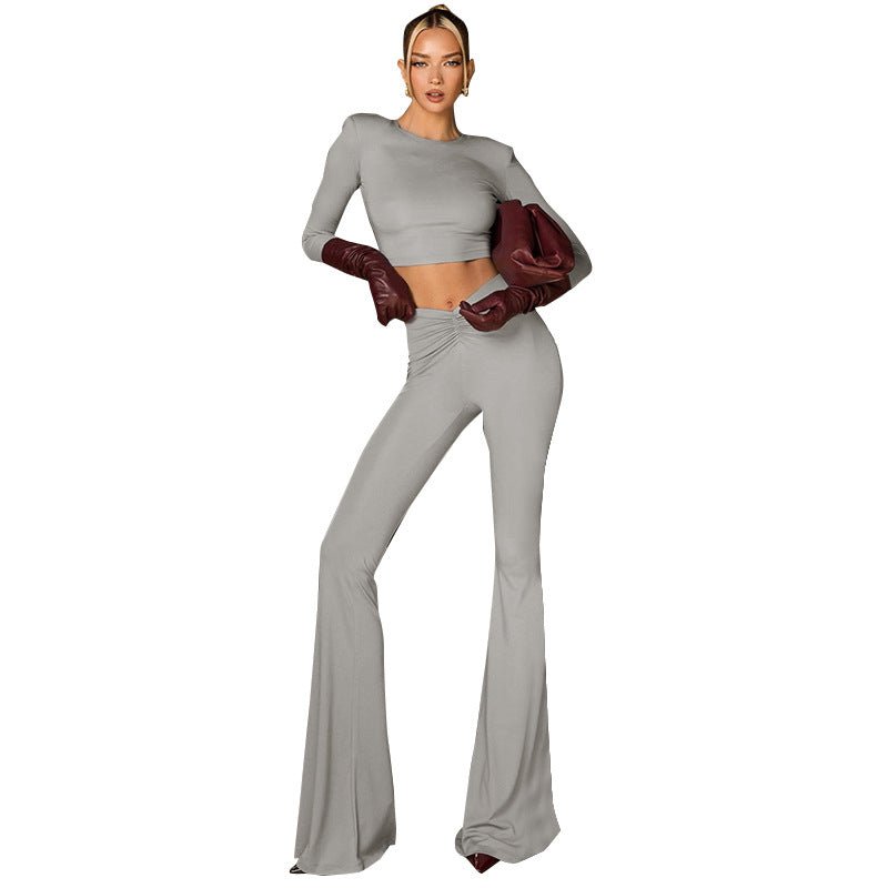 New solid color shoulder pad long sleeve top high waist trousers suit - Negative Apparel