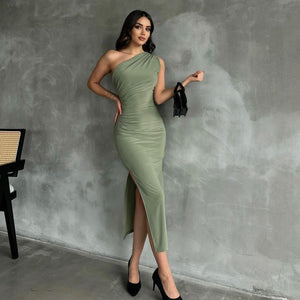 New style oblique shoulder solid color slit sleeveless party dress - Negative Apparel