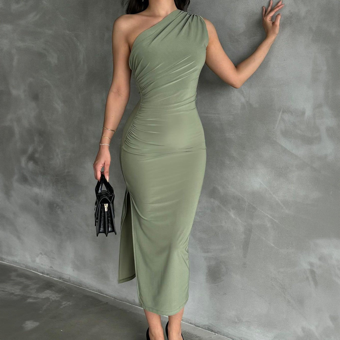 New style oblique shoulder solid color slit sleeveless party dress - Negative Apparel