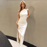 New style oblique shoulder solid color slit sleeveless party dress - Negative Apparel