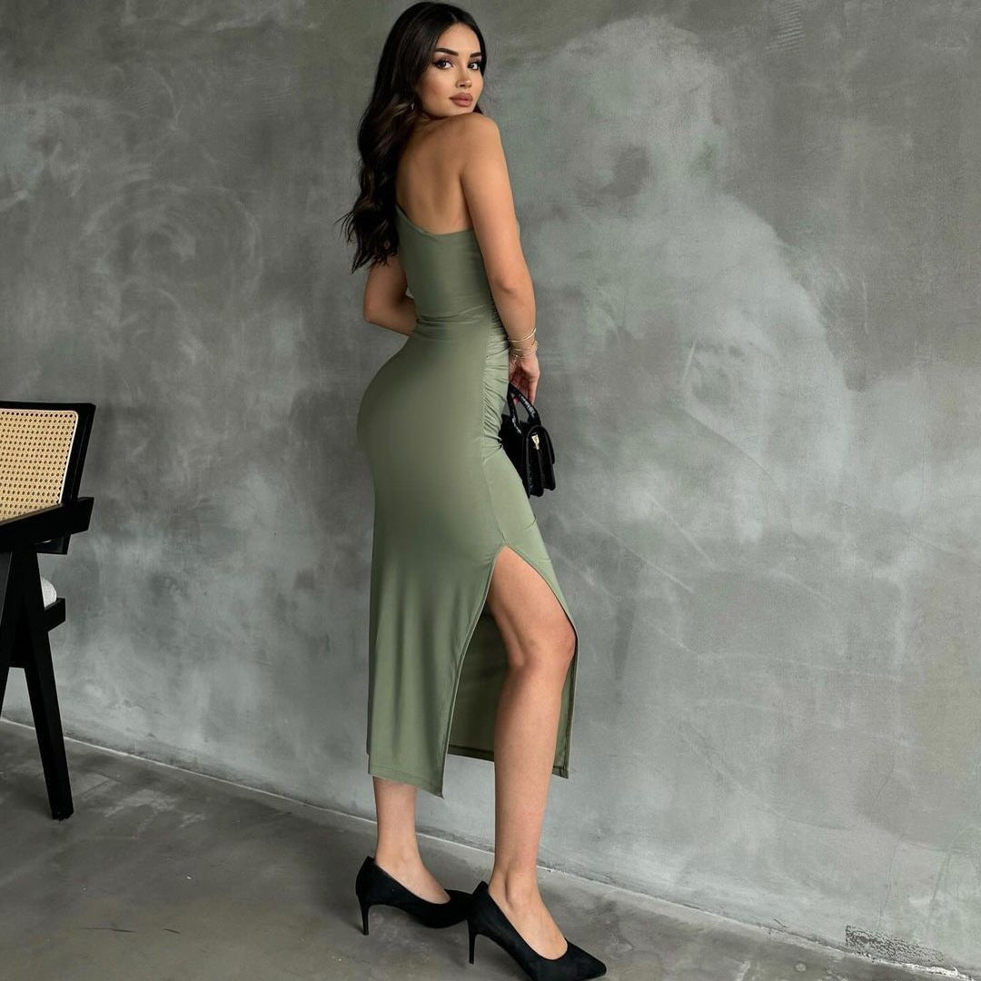 New style oblique shoulder solid color slit sleeveless party dress - Negative Apparel