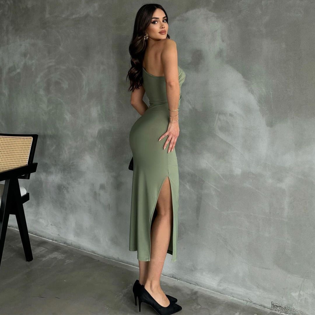 New style oblique shoulder solid color slit sleeveless party dress - Negative Apparel