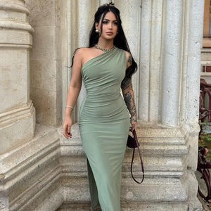 New style oblique shoulder solid color slit sleeveless party dress - Negative Apparel