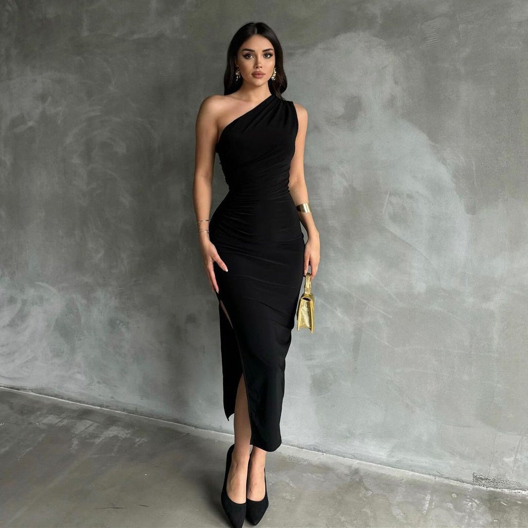 New style oblique shoulder solid color slit sleeveless party dress - Negative Apparel