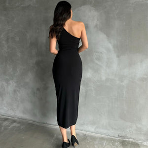 New style oblique shoulder solid color slit sleeveless party dress - Negative Apparel