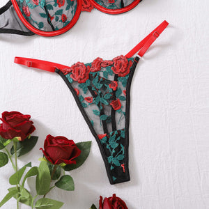 New style two - piece contrast color floral embroidery see - through lingerie set - Negative Apparel