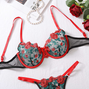 New style two - piece contrast color floral embroidery see - through lingerie set - Negative Apparel