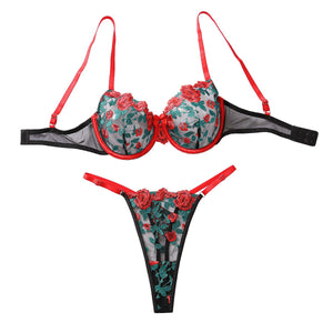 New style two - piece contrast color floral embroidery see - through lingerie set - Negative Apparel