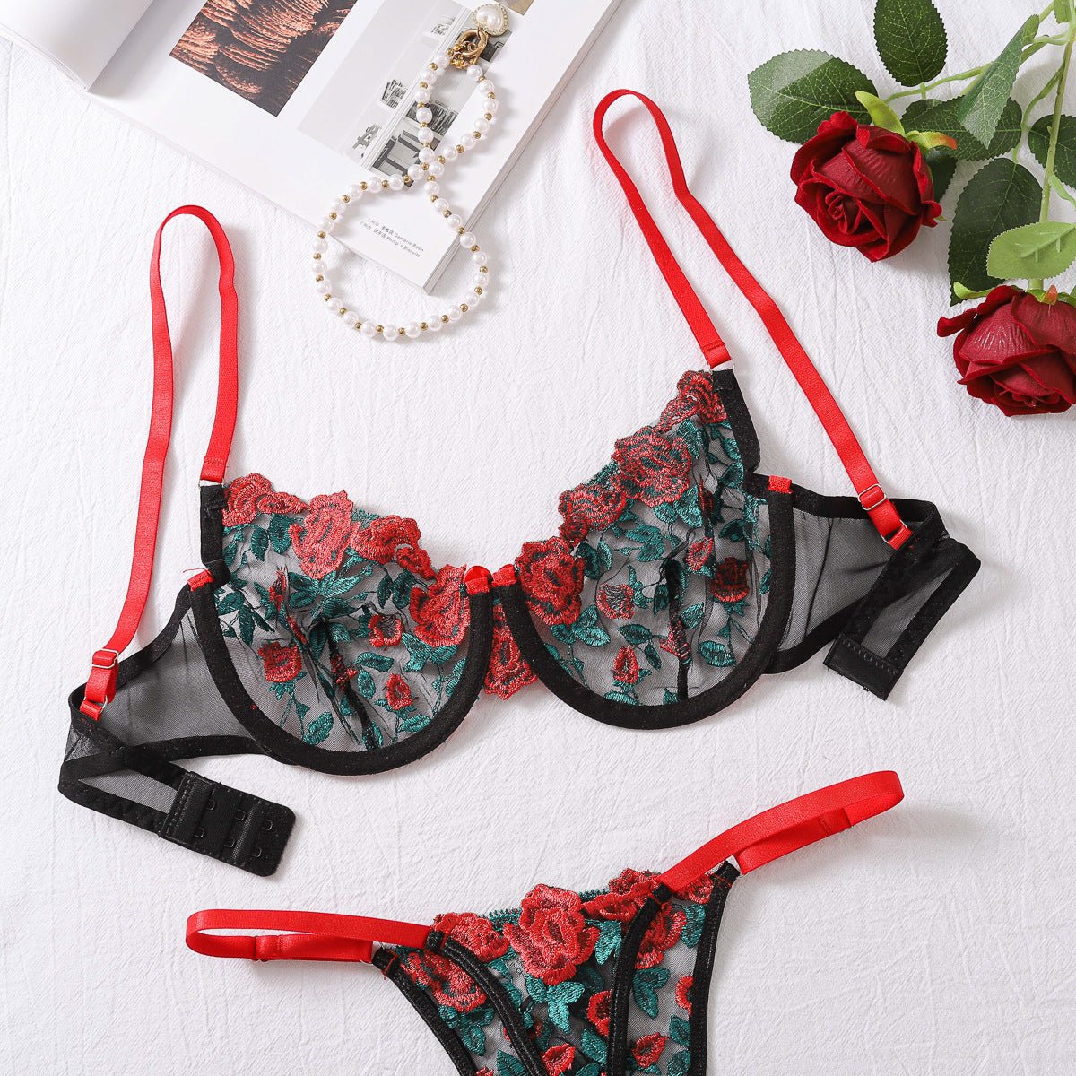 New style two - piece contrast color floral embroidery see - through lingerie set - Negative Apparel