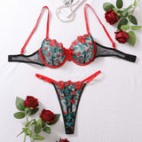 New style two - piece contrast color floral embroidery see - through lingerie set - Negative Apparel