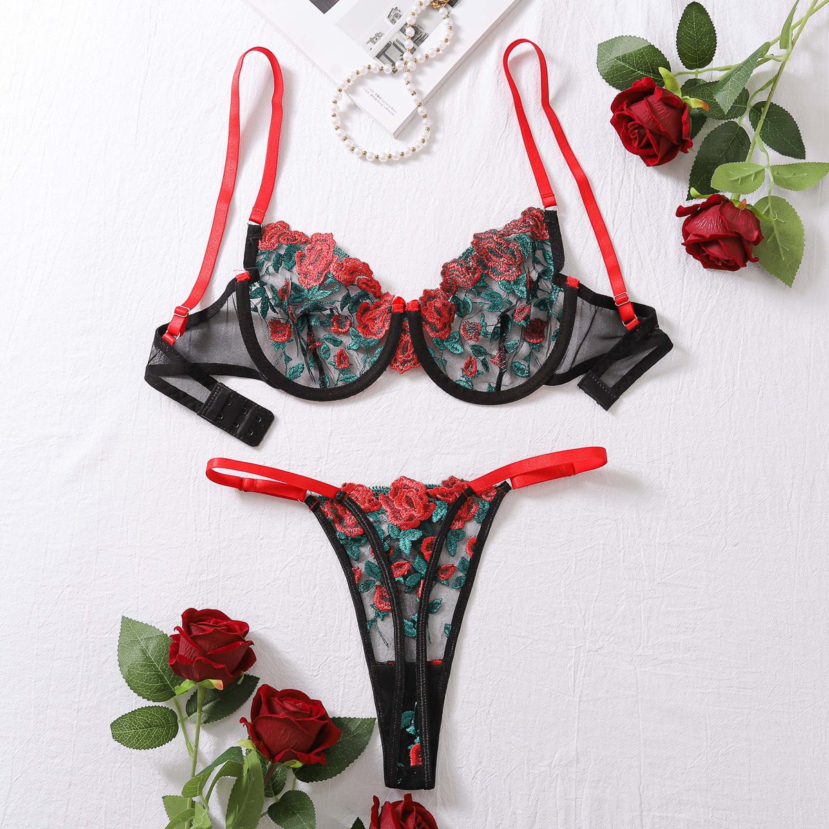 New style two - piece contrast color floral embroidery see - through lingerie set - Negative Apparel