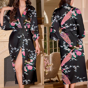 new summer ice silk nightgown peacock print thin cardigan nightgown women's loungewear WP22314 - Negative Apparel