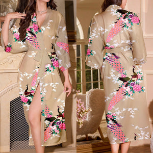 new summer ice silk nightgown peacock print thin cardigan nightgown women's loungewear WP22314 - Negative Apparel