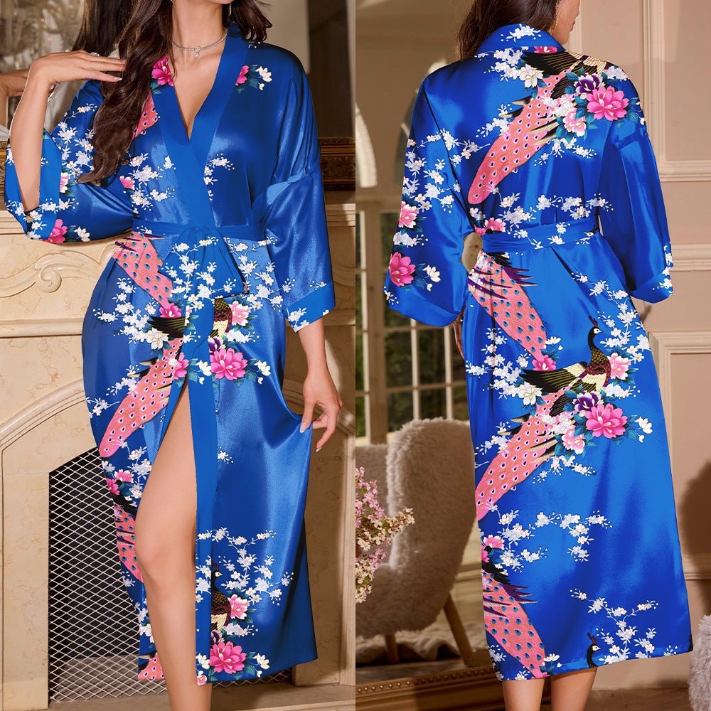 new summer ice silk nightgown peacock print thin cardigan nightgown women's loungewear WP22314 - Negative Apparel