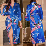 new summer ice silk nightgown peacock print thin cardigan nightgown women's loungewear WP22314 - Negative Apparel