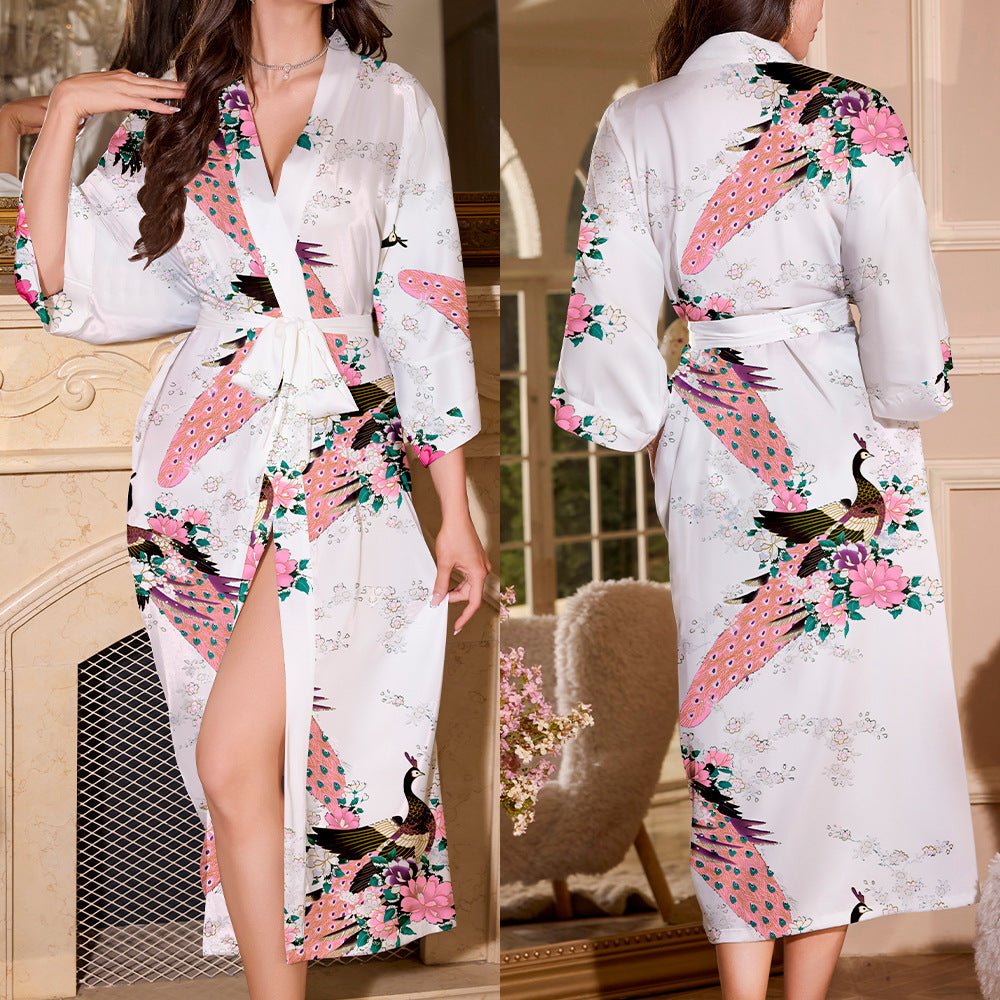 new summer ice silk nightgown peacock print thin cardigan nightgown women's loungewear WP22314 - Negative Apparel