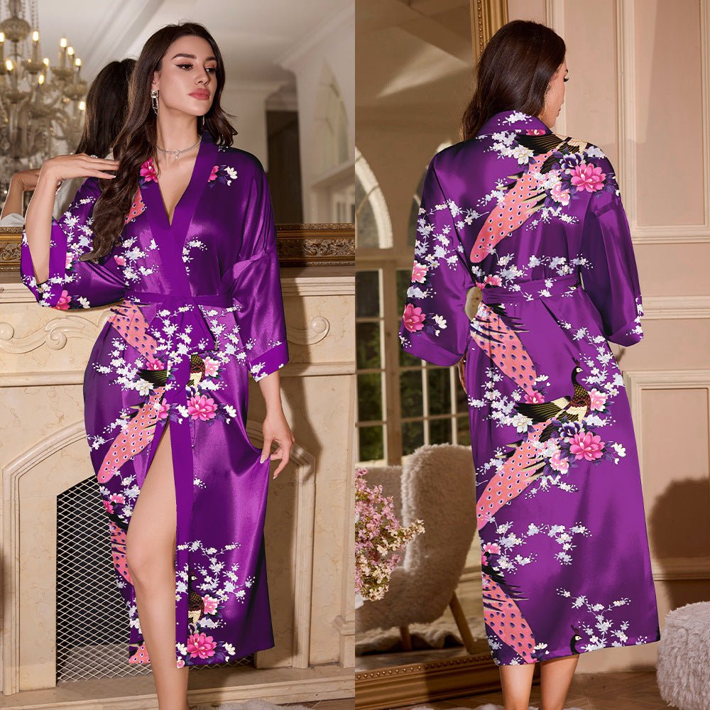 new summer ice silk nightgown peacock print thin cardigan nightgown women's loungewear WP22314 - Negative Apparel