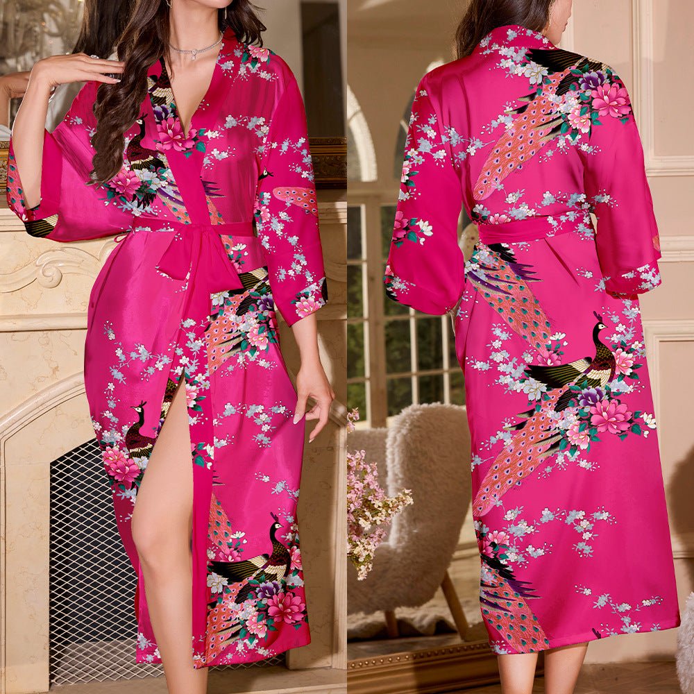 new summer ice silk nightgown peacock print thin cardigan nightgown women's loungewear WP22314 - Negative Apparel