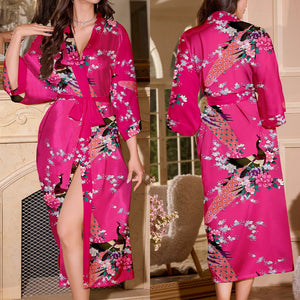 new summer ice silk nightgown peacock print thin cardigan nightgown women's loungewear WP22314 - Negative Apparel