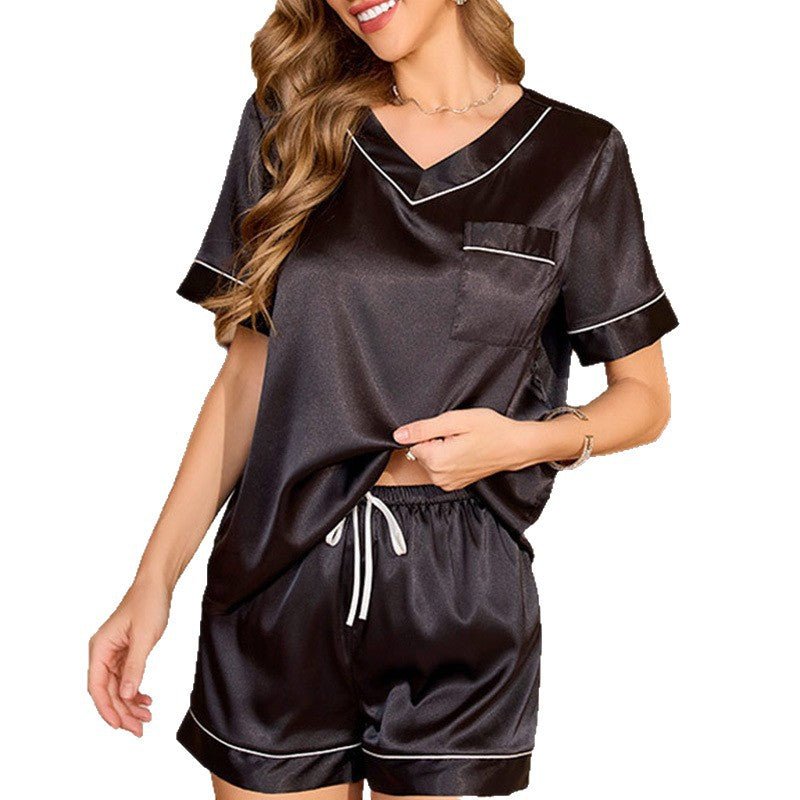 new summer ice silk pajamas women's spring and summer short - sleeved shorts loungewear set TZ22275 - Negative Apparel