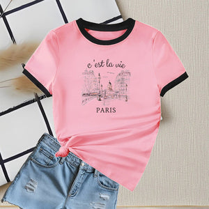 New summer round neck contrasting color matching short - sleeved casual slim - fit women's T-shirt versatile top - Negative Apparel