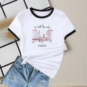 New summer round neck contrasting color matching short - sleeved casual slim - fit women's T-shirt versatile top - Negative Apparel