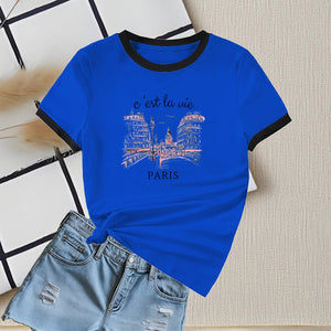 New summer round neck contrasting color matching short - sleeved casual slim - fit women's T-shirt versatile top - Negative Apparel