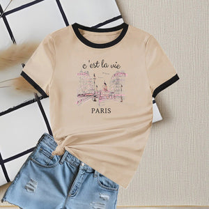 New summer round neck contrasting color matching short - sleeved casual slim - fit women's T-shirt versatile top - Negative Apparel
