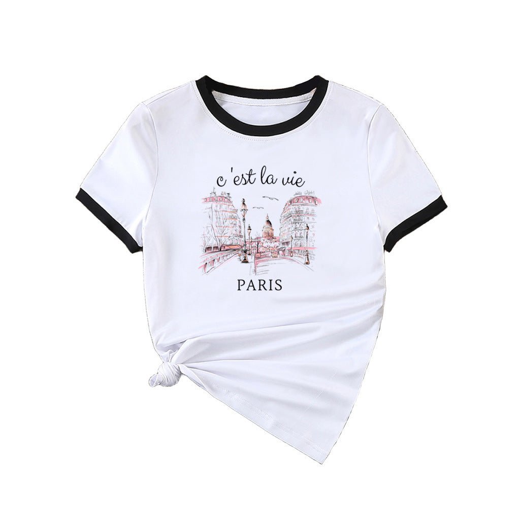 New summer round neck contrasting color matching short - sleeved casual slim - fit women's T-shirt versatile top - Negative Apparel