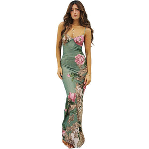 New summer women's long skirt holiday style slim print design sling dress - Negative Apparel