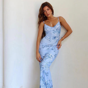 New summer women's long skirt holiday style slim print design sling dress - Negative Apparel