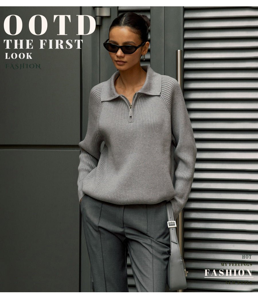 New trend all - match simple casual Polo collar lapel pullover knitted sweater - Negative Apparel