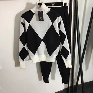 New two - piece women's sweater sportswear winter turtleneck jumper top knitted Harlan pants suit women - Negative Apparel