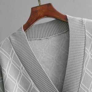 New V - neck cardigan sweater womens casual loose diamond pattern knitted sweater - Negative Apparel