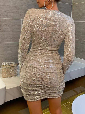 New women's clothing sequined pleated evening dress long - sleeved V - neck solid color dress - Negative Apparel