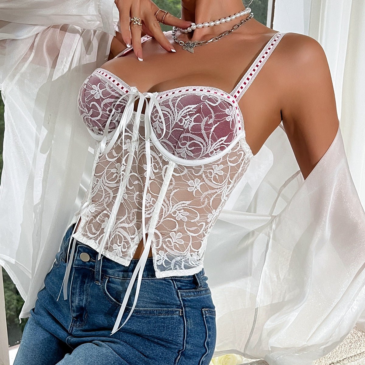 New y2k lace splicing lace - up steel ring fishbone camisole - Negative Apparel