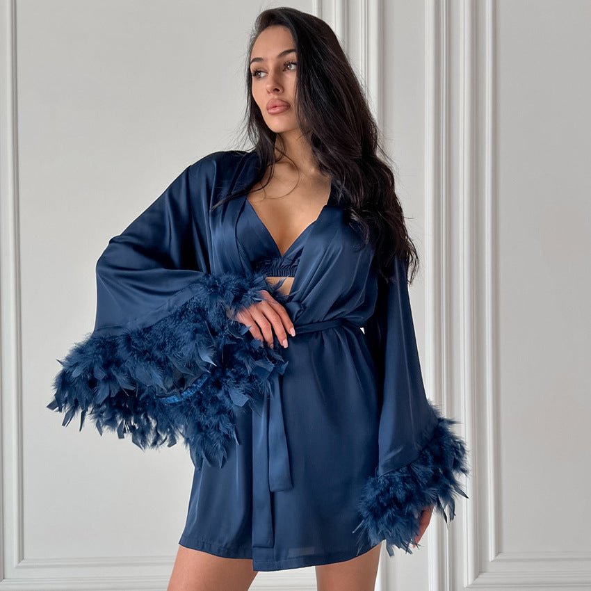 Nightgown three - piece set imitation with silk satin feather loungewear set - Negative Apparel