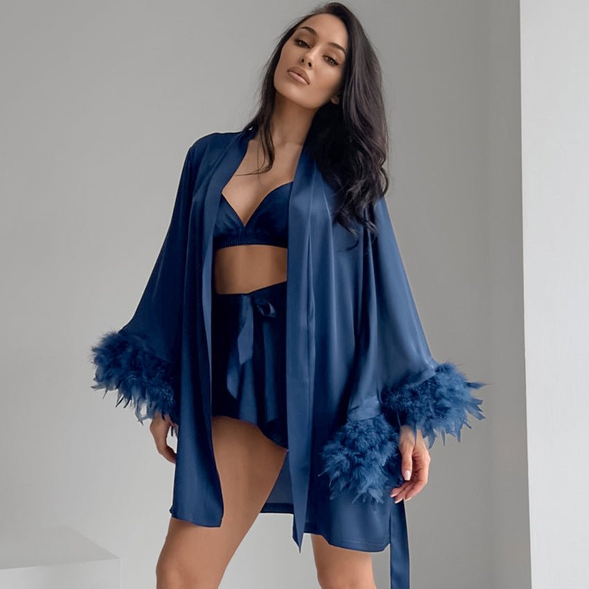 Nightgown three - piece set imitation with silk satin feather loungewear set - Negative Apparel