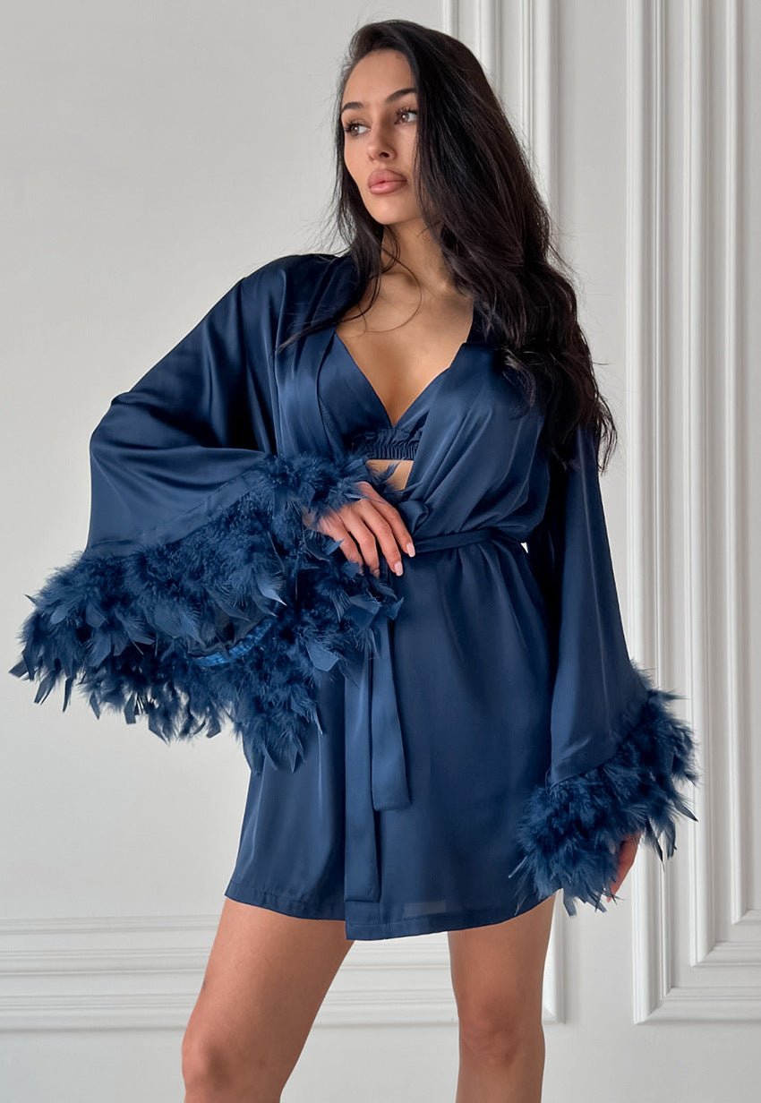 Nightgown three - piece set imitation with silk satin feather loungewear set - Negative Apparel