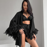 Nightgown three - piece set imitation with silk satin feather loungewear set - Negative Apparel