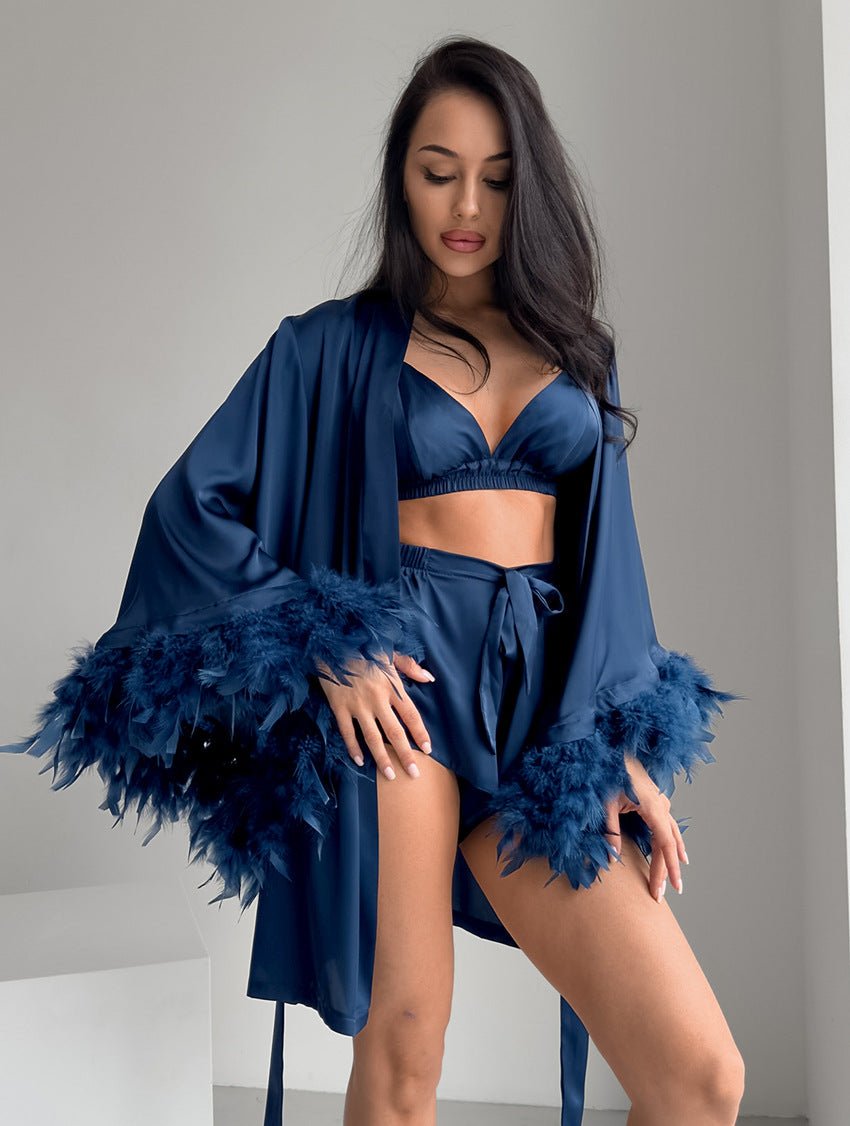 Nightgown three - piece set imitation with silk satin feather loungewear set - Negative Apparel