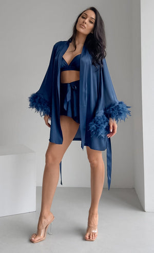 Nightgown three - piece set imitation with silk satin feather loungewear set - Negative Apparel