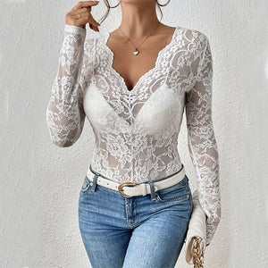 Noir Ethereal | Slim V - Neck Lace Long Sleeve Top - Negative Apparel
