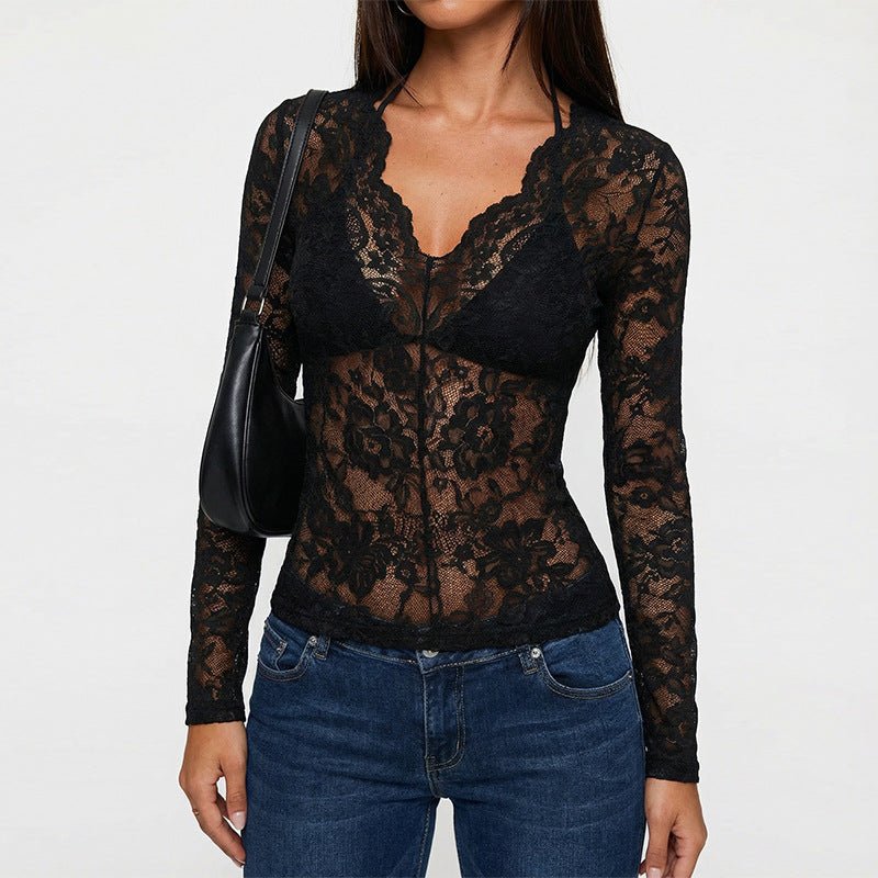 Noir Ethereal | Slim V - Neck Lace Long Sleeve Top - Negative Apparel